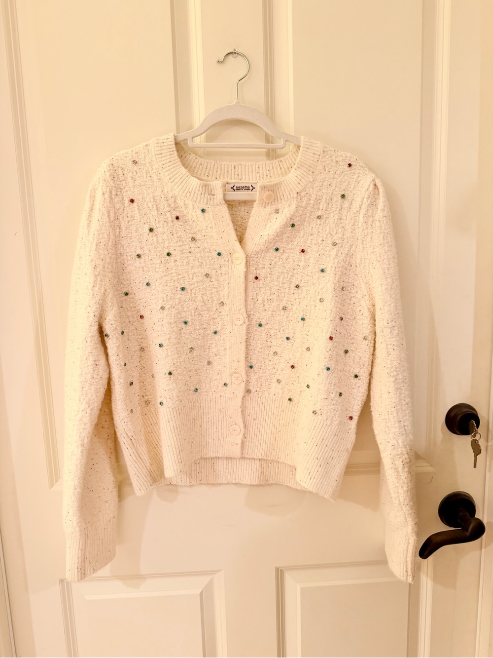 Nanette Lepore Cream Cardigan with Multicolor Embellishments NWOT